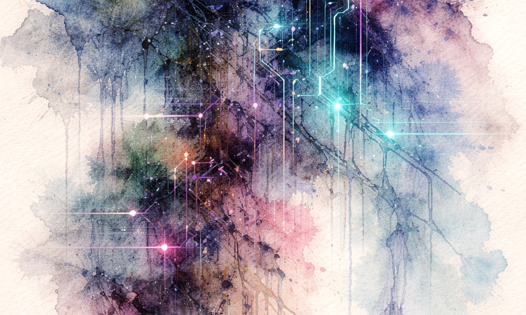 Abstract watercolor wash with soft neon circuitry lines, blending organic paint textures with faint digital patterns.